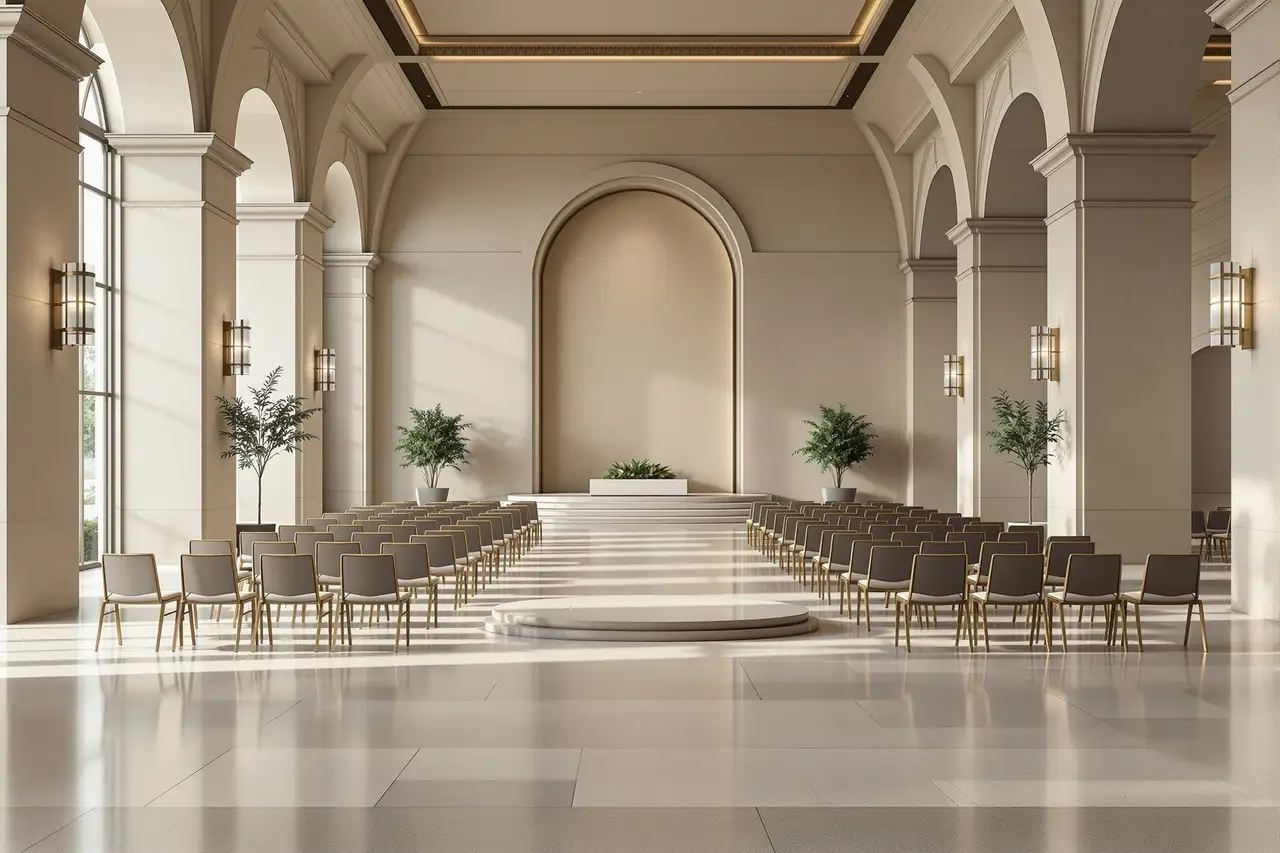 Elegancka sala pożegnań ze świecami i stonowaną dekoracją kwiatową wokół katafalku