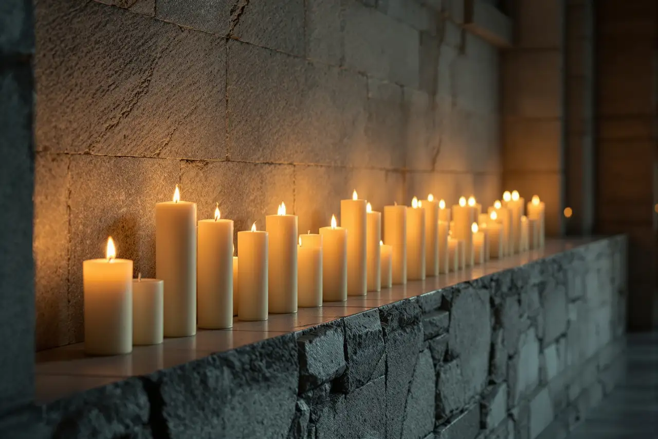Rząd zapalonych zniczy i świec ustawionych na kamiennym nagrobku