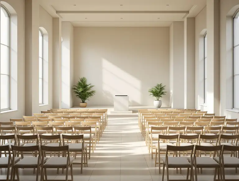 Jasna sala pożegnań z rzędami krzeseł i mównicą, bez symboli religijnych