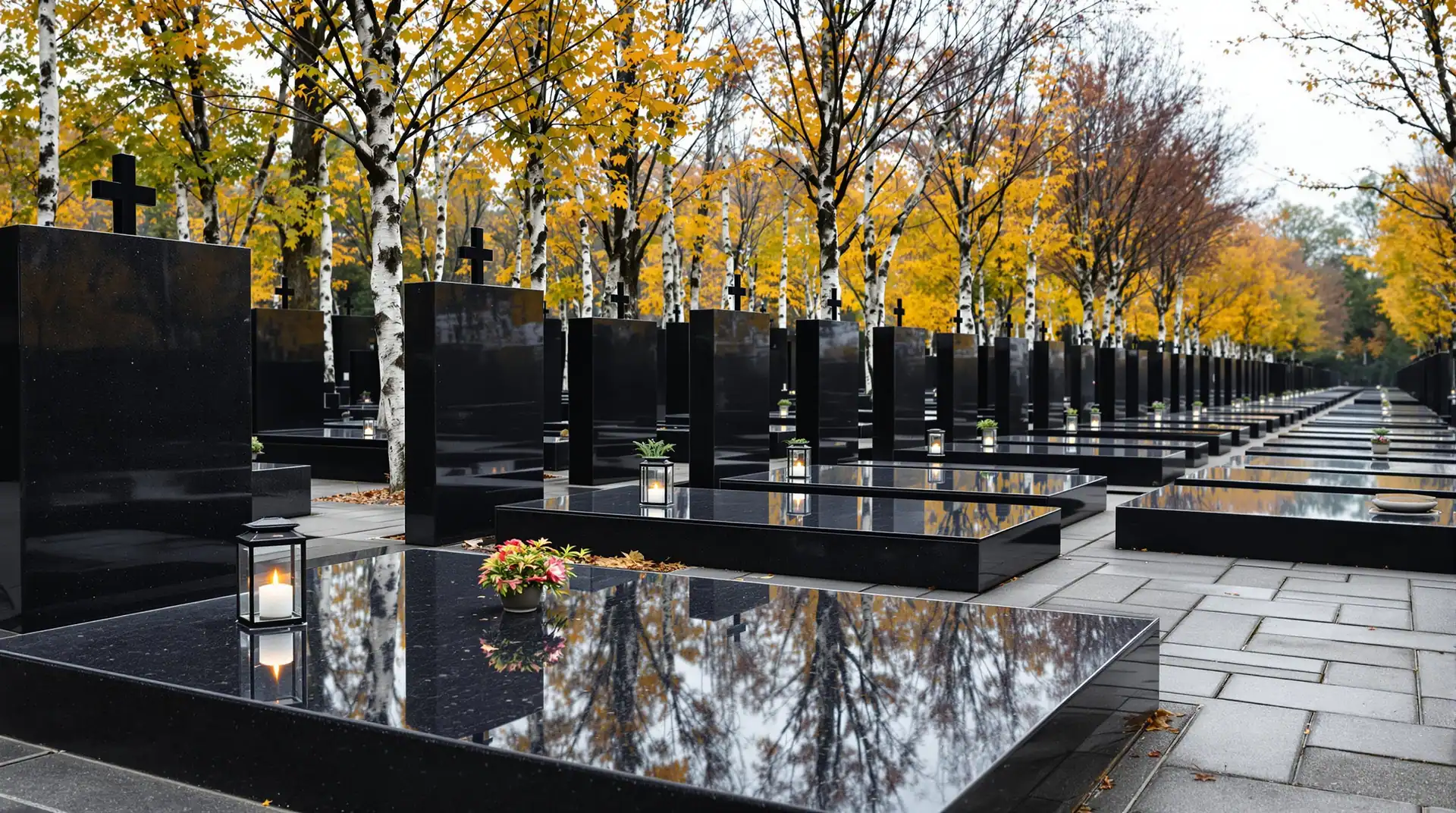 Kwatera cmentarza komunalnego jesienią: granitowe płyty i nagrobki, znicze w lampionach i brzozy wzdłuż alei