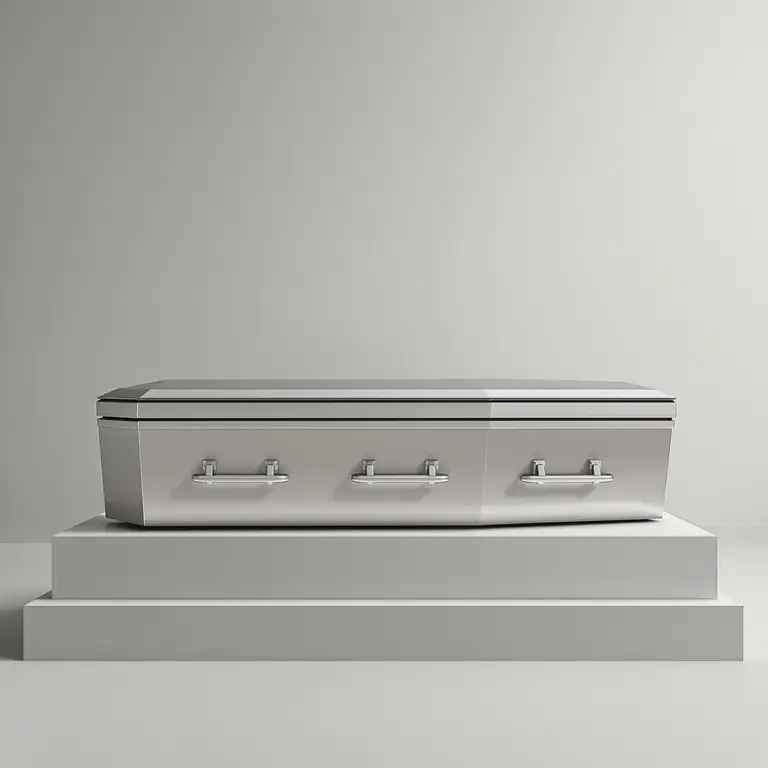 Trumna w srebrzystym metalicznym wykończeniu z gładką, elegancką powierzchnią