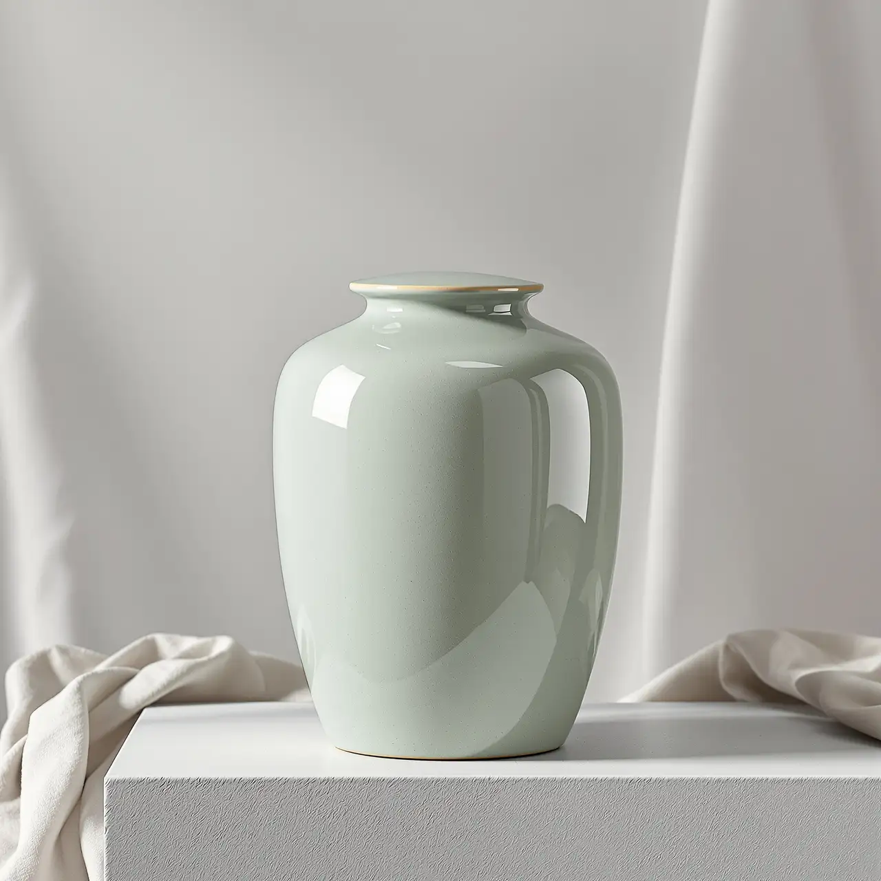 Gładka ceramiczna urna w stonowanym, ciemnym kolorze stojąca na drewnianym blacie