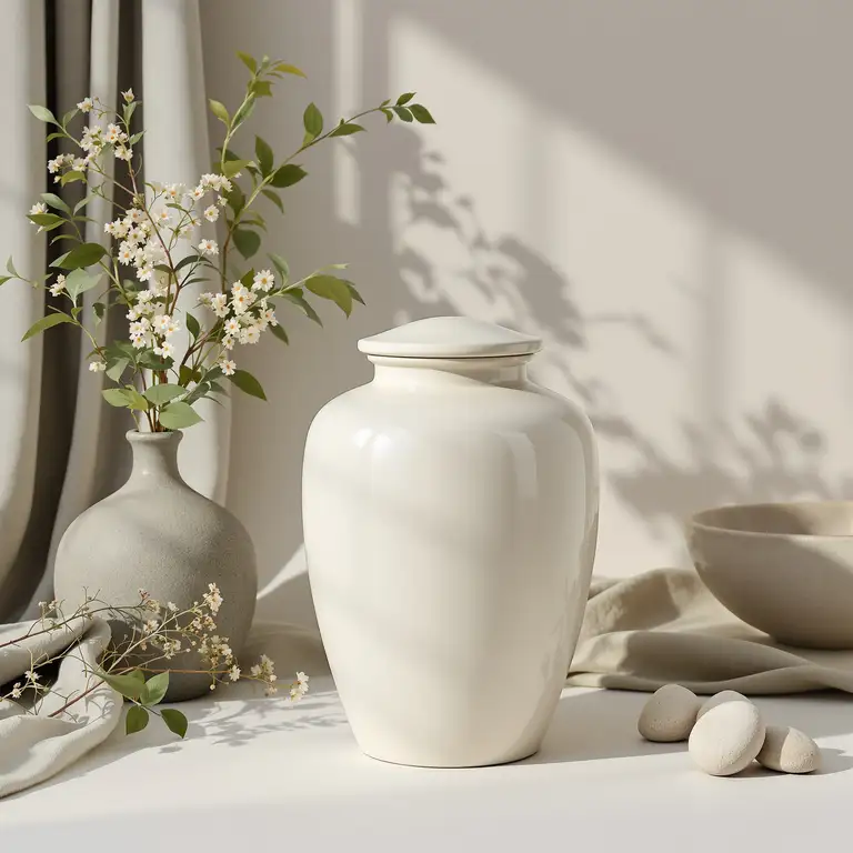 Gładka ceramiczna urna w stonowanym, ciemnym kolorze stojąca na drewnianym blacie